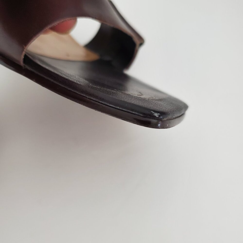 NINE WEST Brown Leather Heeled Slide Sandals Square Toe Bronze Buckle Accent 8M - Picture 6 of 9